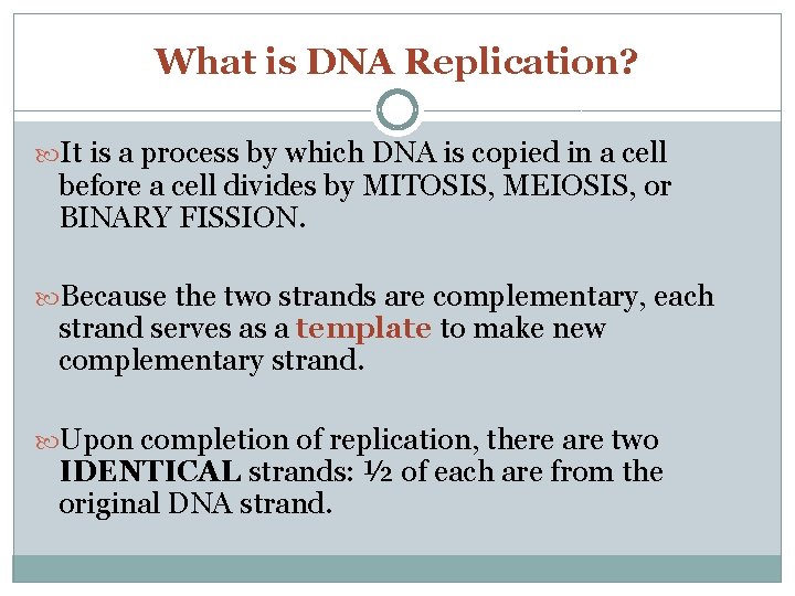 What is DNA Replication? It is a process by which DNA is copied in