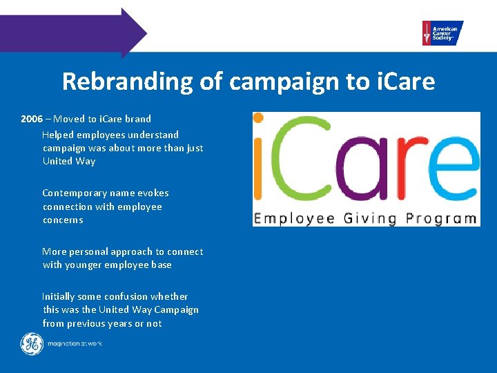 Rebranding of campaign to i. Care 2006 – Moved to i. Care brand Helped