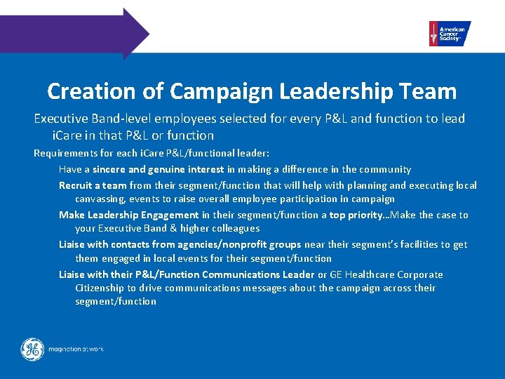 Creation of Campaign Leadership Team Executive Band-level employees selected for every P&L and function