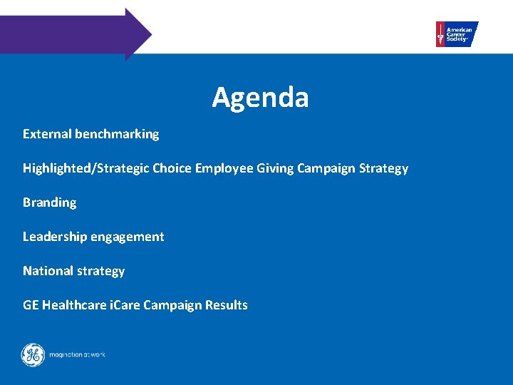 Agenda External benchmarking Highlighted/Strategic Choice Employee Giving Campaign Strategy Branding Leadership engagement National strategy