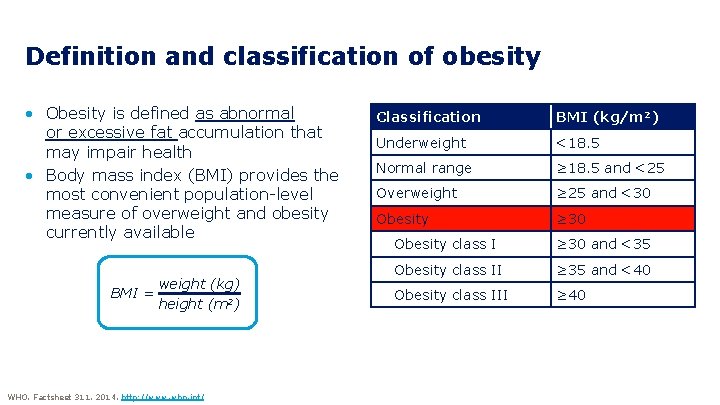 Definition and classification of obesity • Obesity is defined as abnormal or excessive fat