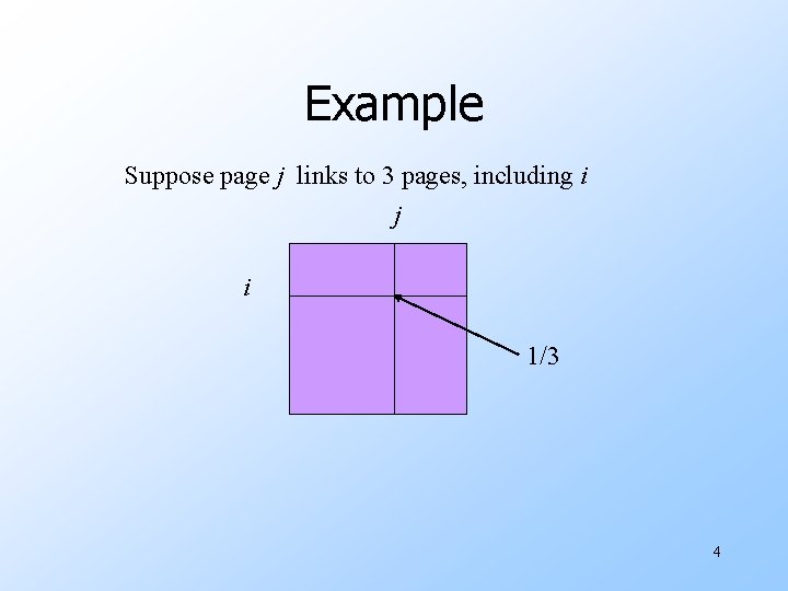 Example Suppose page j links to 3 pages, including i j i 1/3 4