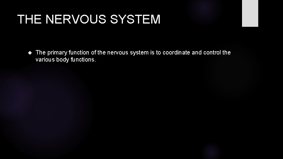 THE NERVOUS SYSTEM The primary function of the nervous system is to coordinate and