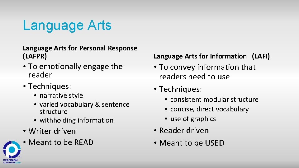 Language Arts for Personal Response (LAFPR) Language Arts for Information (LAFI) • To emotionally