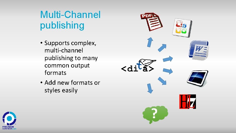 Multi-Channel publishing • Supports complex, multi-channel publishing to many common output formats • Add