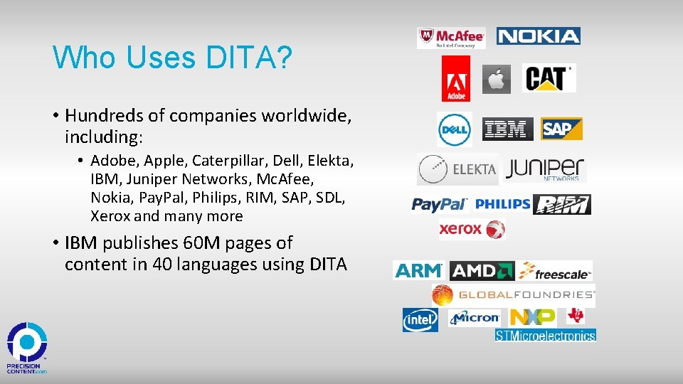 Who Uses DITA? • Hundreds of companies worldwide, including: • Adobe, Apple, Caterpillar, Dell,