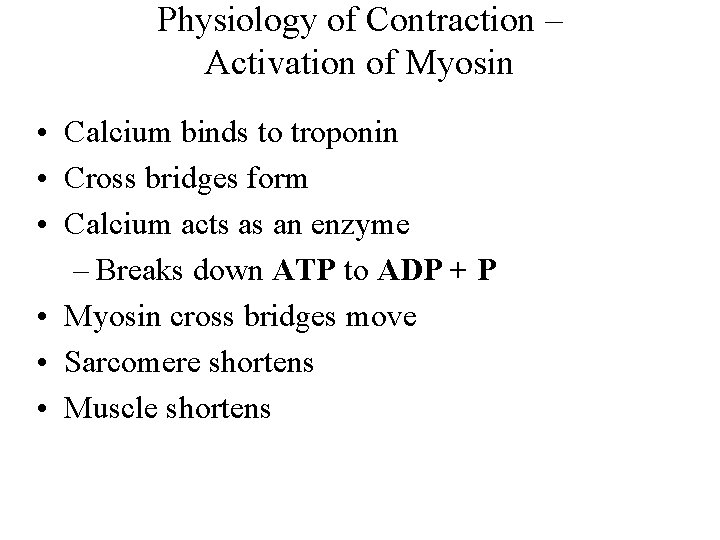 Physiology of Contraction – Activation of Myosin • Calcium binds to troponin • Cross