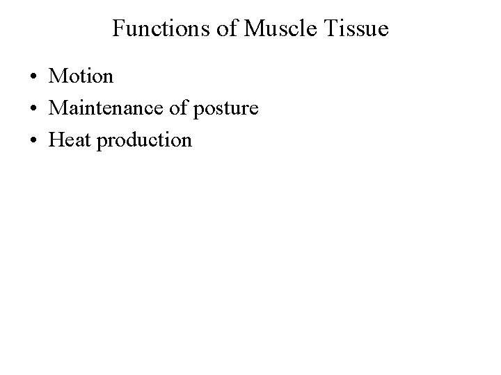 Functions of Muscle Tissue • Motion • Maintenance of posture • Heat production 