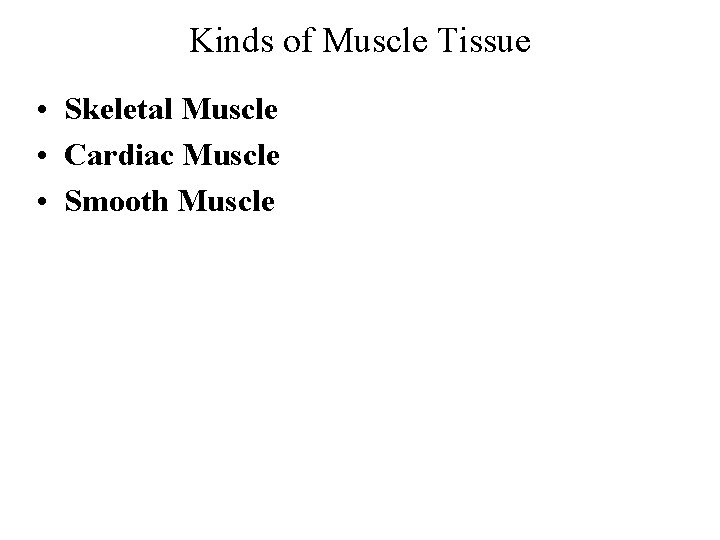 Kinds of Muscle Tissue • Skeletal Muscle • Cardiac Muscle • Smooth Muscle 