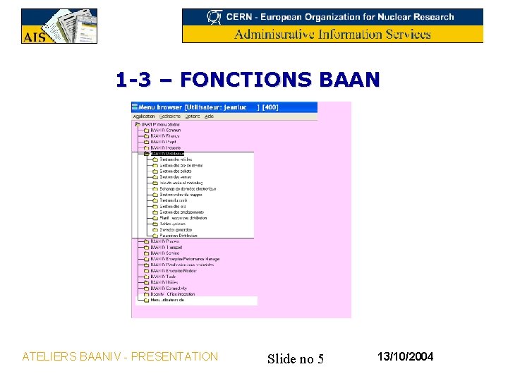 1 -3 – FONCTIONS BAAN ATELIERS BAANIV - PRESENTATION Slide no 5 13/10/2004 
