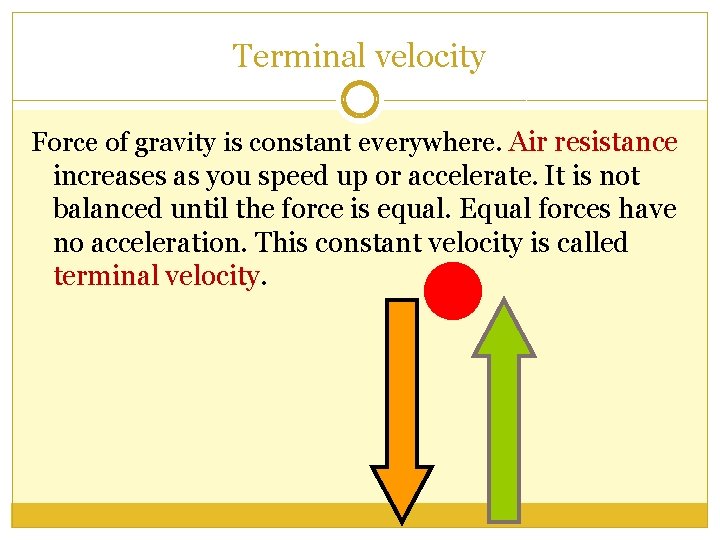 Terminal velocity Force of gravity is constant everywhere. Air resistance increases as you speed