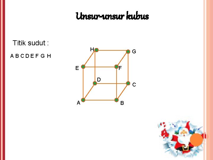 Unsur-unsur kubus Titik sudut : H G ABCDEF G H E F D A