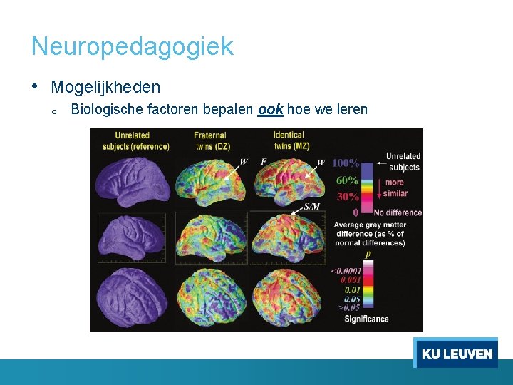 Neuropedagogiek • Mogelijkheden o Biologische factoren bepalen ook hoe we leren 