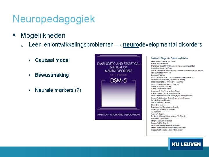 Neuropedagogiek • Mogelijkheden o Leer- en ontwikkelingsproblemen → neurodevelopmental disorders • Causaal model •