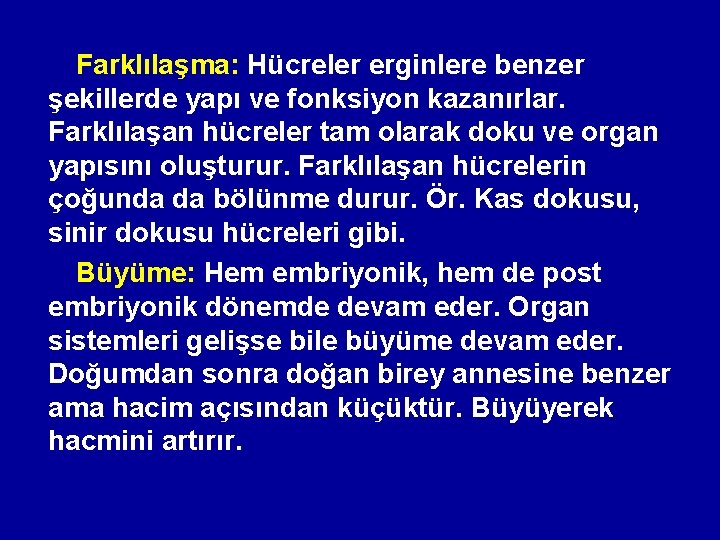 Farklılaşma: Hücreler erginlere benzer şekillerde yapı ve fonksiyon kazanırlar. Farklılaşan hücreler tam olarak doku