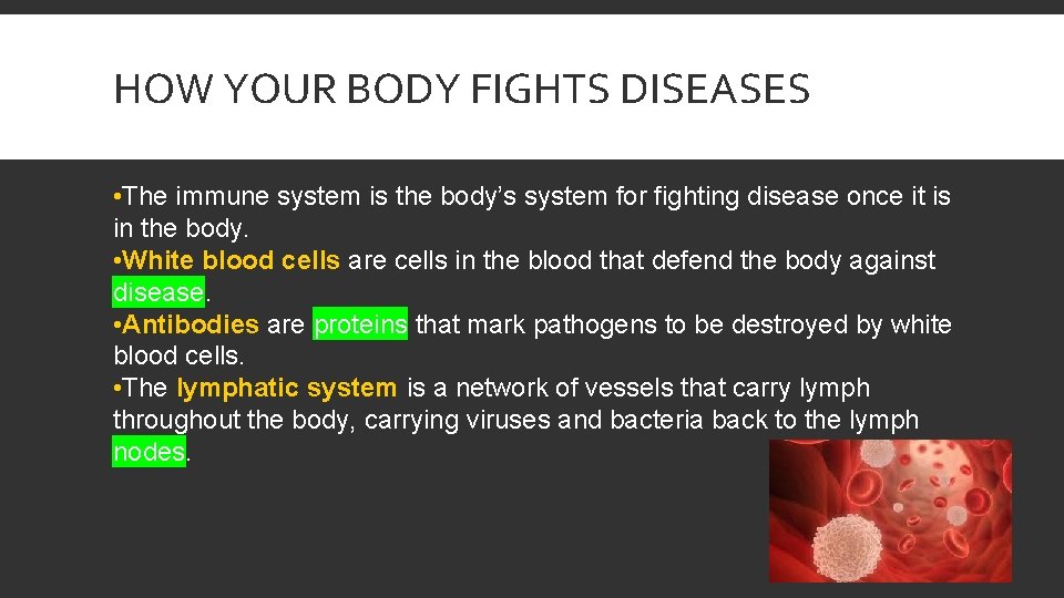 HOW YOUR BODY FIGHTS DISEASES • The immune system is the body’s system for