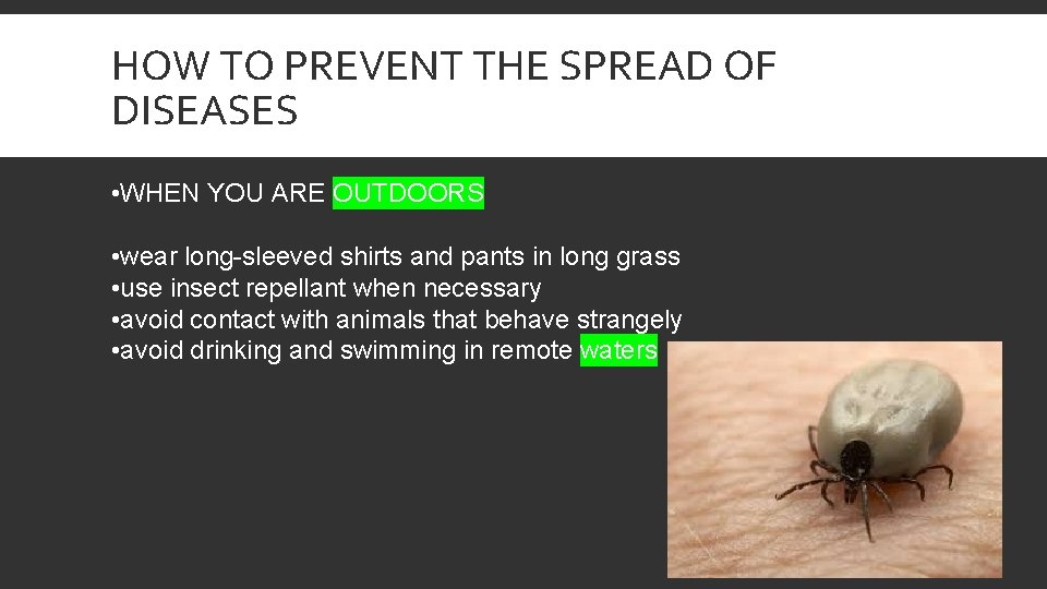 HOW TO PREVENT THE SPREAD OF DISEASES • WHEN YOU ARE OUTDOORS • wear