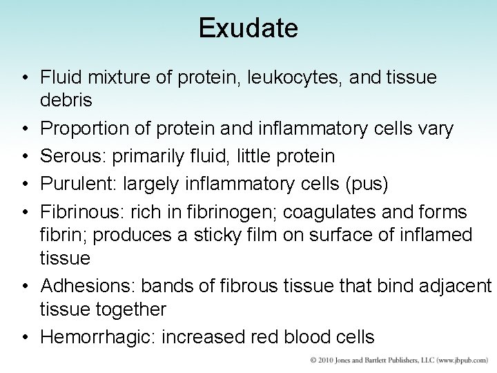 Exudate • Fluid mixture of protein, leukocytes, and tissue debris • Proportion of protein
