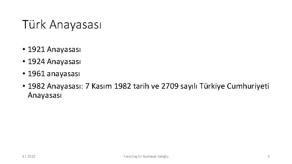Türk Anayasası • 1921 Anayasası • 1924 Anayasası • 1961 anayasası • 1982 Anayasası: