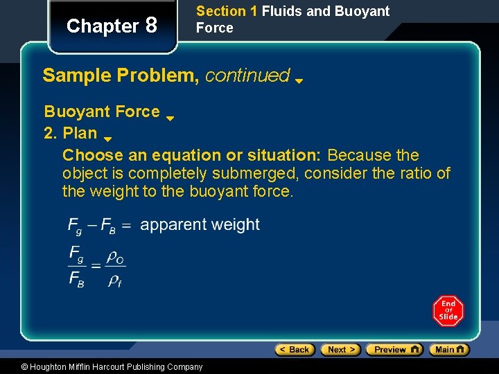 Chapter 8 Section 1 Fluids and Buoyant Force Sample Problem, continued Buoyant Force 2.