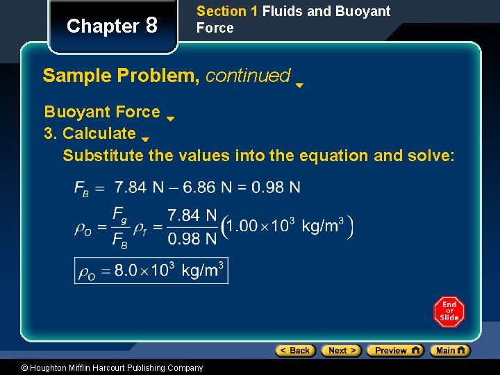 Chapter 8 Section 1 Fluids and Buoyant Force Sample Problem, continued Buoyant Force 3.