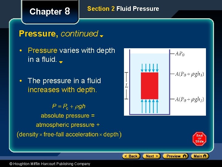 Chapter 8 Section 2 Fluid Pressure, continued • Pressure varies with depth in a