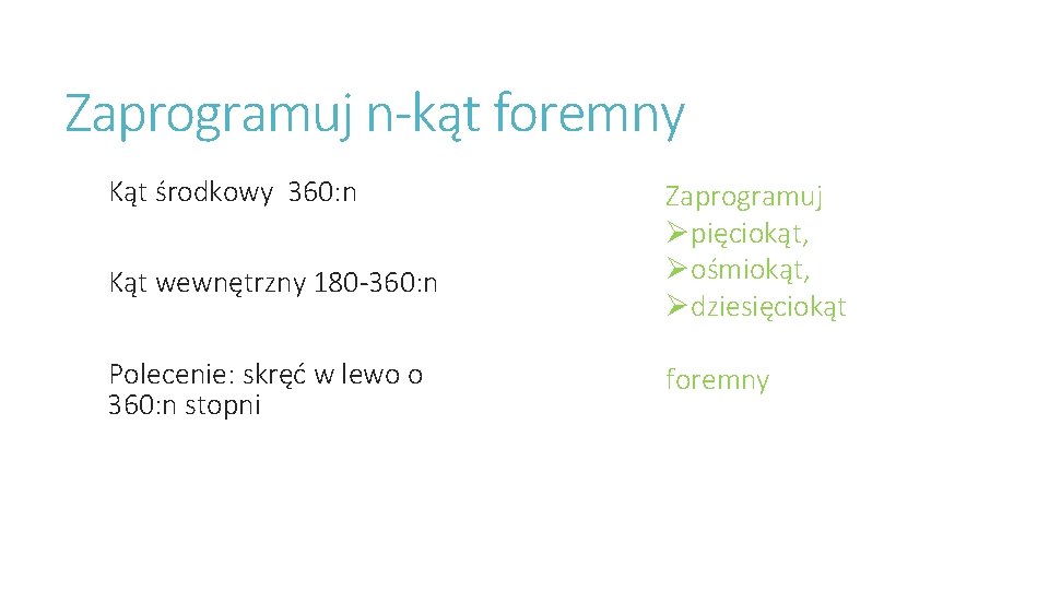 Zaprogramuj n-kąt foremny Kąt środkowy 360: n Kąt wewnętrzny 180 -360: n Polecenie: skręć