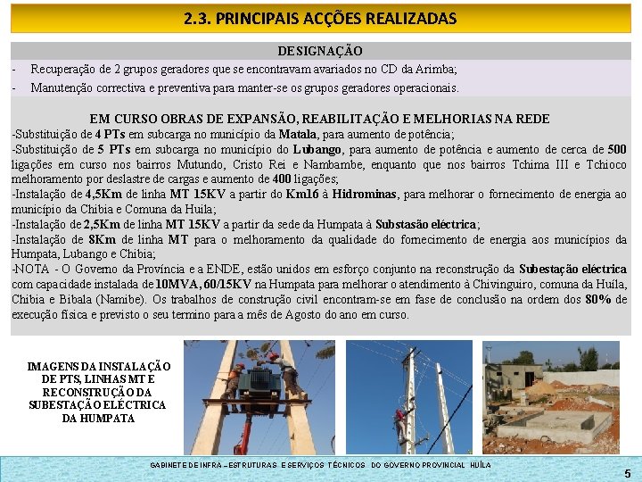 2. 3. PRINCIPAIS ACÇÕES REALIZADAS - DESIGNAÇÃO Recuperação de 2 grupos geradores que se