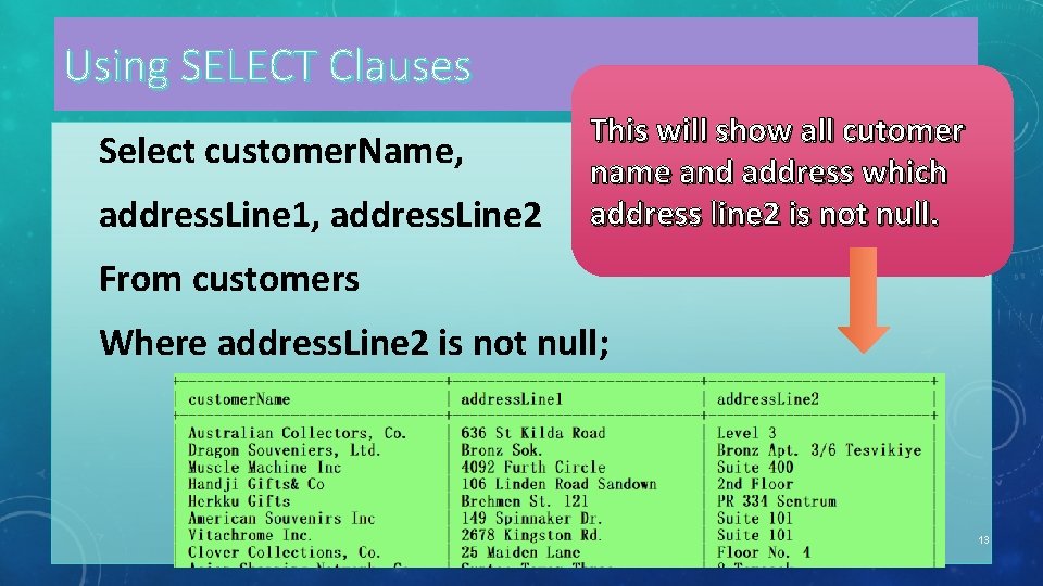 Using SELECT Clauses Select customer. Name, address. Line 1, address. Line 2 This will