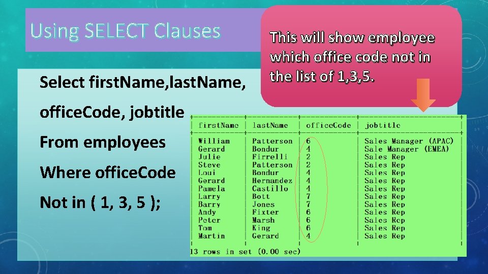 Using SELECT Clauses Select first. Name, last. Name, This will show employee which office