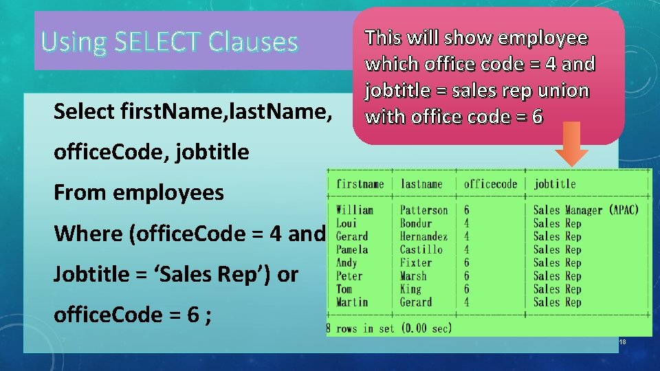 Using SELECT Clauses Select first. Name, last. Name, This will show employee which office