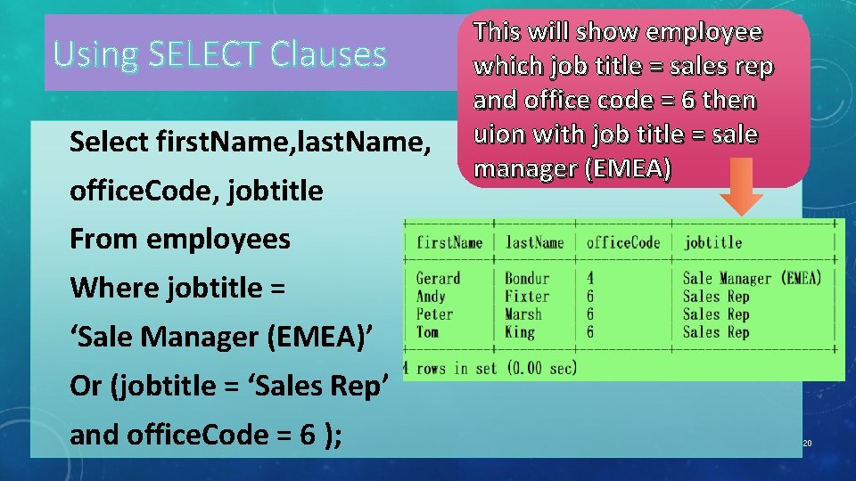Using SELECT Clauses Select first. Name, last. Name, office. Code, jobtitle This will show