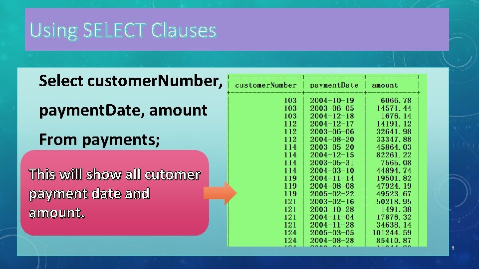 Using SELECT Clauses Select customer. Number, payment. Date, amount From payments; This will show
