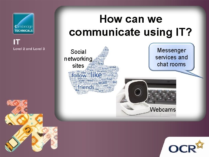 How can we communicate using IT? Social networking sites Messenger services and chat rooms