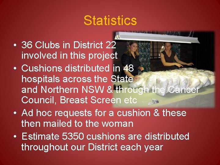 Statistics • 36 Clubs in District 22 involved in this project • Cushions distributed