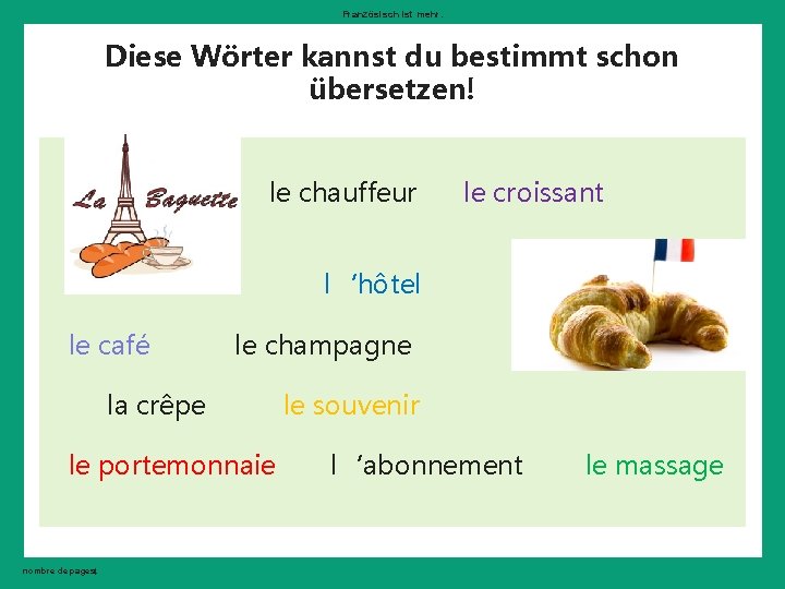 Französisch ist mehr. Diese Wörter kannst du bestimmt schon übersetzen! le chauffeur le croissant