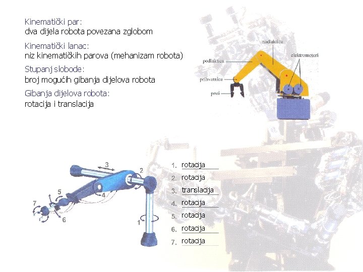 Kinematički par: dva dijela robota povezana zglobom Kinematički lanac: niz kinematičkih parova (mehanizam robota)