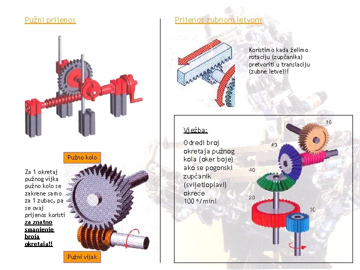 Pužni prijenos Prijenos zubnom letvom Koristimo kada želimo rotaciju (zupčanika) pretvoriti u translaciju (zubne