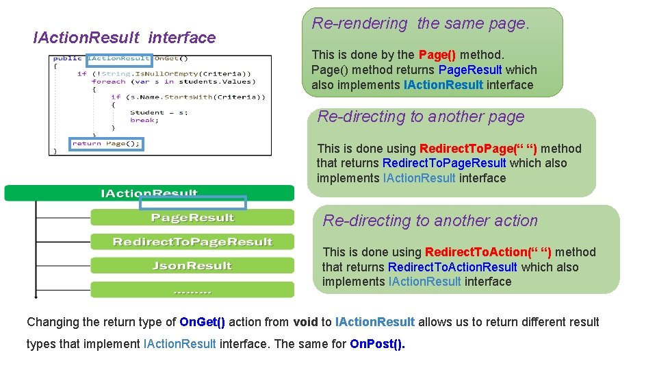 IAction. Result interface Re-rendering the same page. This is done by the Page() method IAction. Result interface Re-rendering the same page. This is done by the Page() method