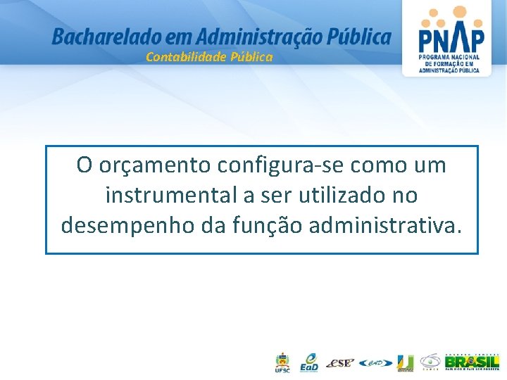 Contabilidade Pública O orçamento configura-se como um instrumental a ser utilizado no desempenho da