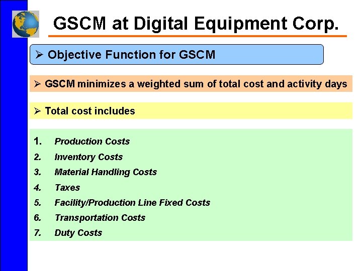 GSCM at Digital Equipment Corp. Ø Objective Function for GSCM Ø GSCM minimizes a