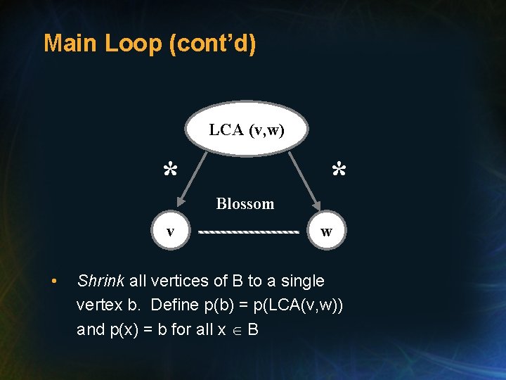 Main Loop (cont’d) LCA (v, w) * v • Blossom * w Shrink all