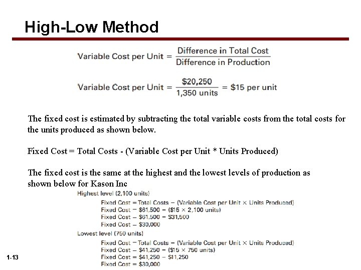 High-Low Method The fixed cost is estimated by subtracting the total variable costs from