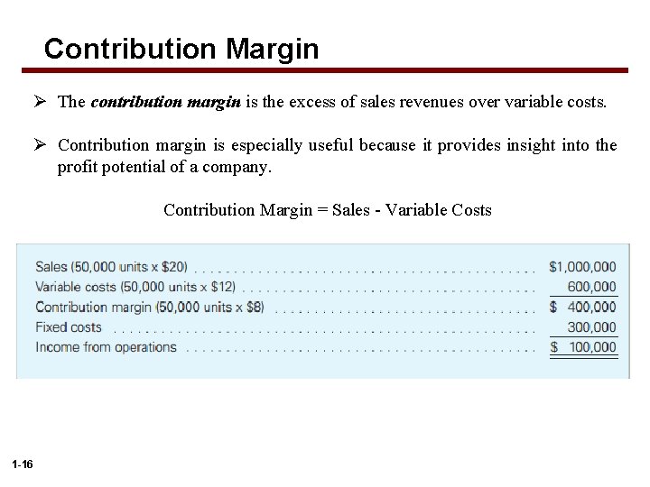 Contribution Margin Ø The contribution margin is the excess of sales revenues over variable