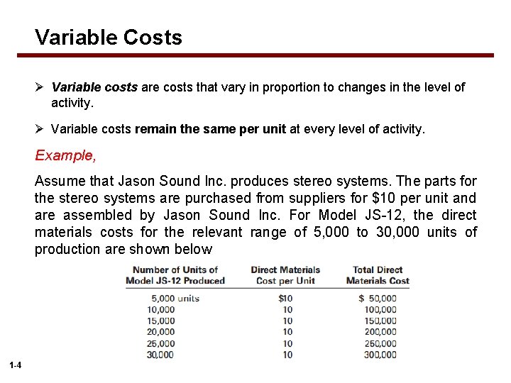 Variable Costs Ø Variable costs are costs that vary in proportion to changes in