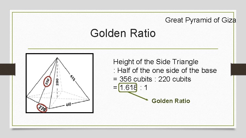 Great Pyramid of Giza Golden Ratio Height of the Side Triangle : Half of