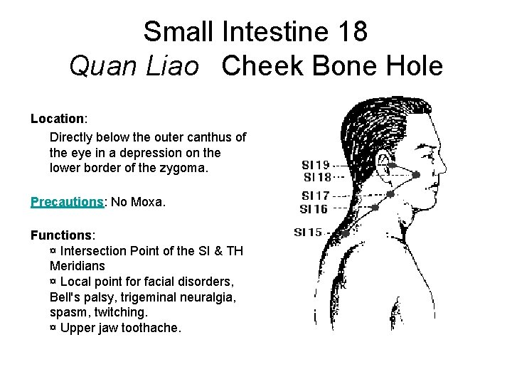 Small Intestine 18 Quan Liao Cheek Bone Hole Location: Directly below the outer canthus