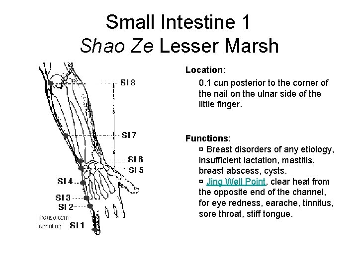 Small Intestine 1 Shao Ze Lesser Marsh Location: 0. 1 cun posterior to the