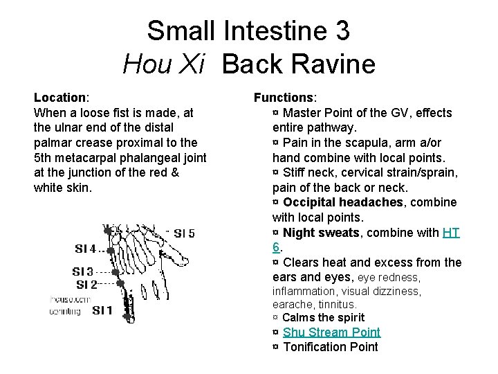 Small Intestine 3 Hou Xi Back Ravine Location: When a loose fist is made,