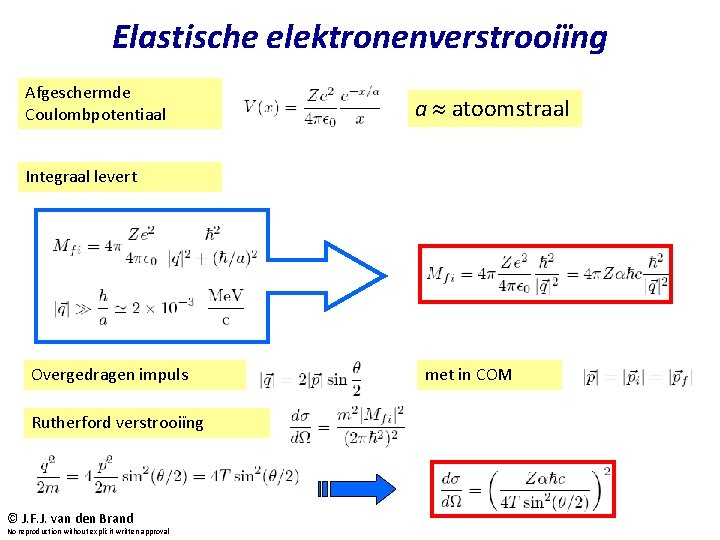 Elastische elektronenverstrooiïng Afgeschermde Coulombpotentiaal a atoomstraal Integraal levert Overgedragen impuls met in COM Rutherford